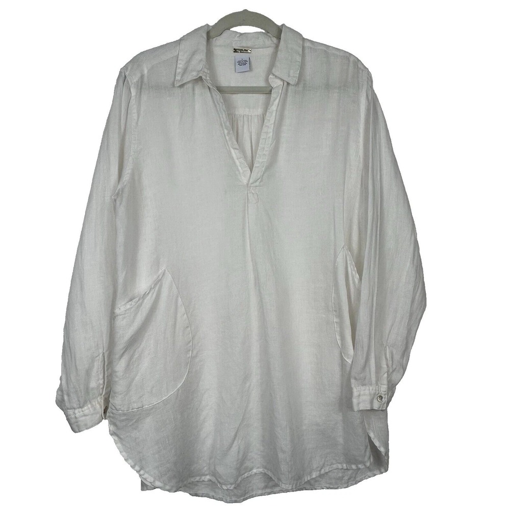 Magaschoni Linen Tunic Top Women L White Lagenlook Old Money Beachy Minimal Boho